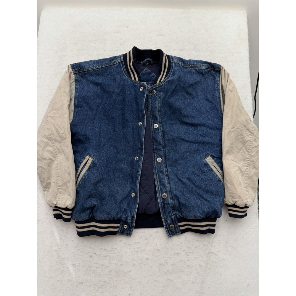 Vintage Denim Bomber Jacket Mens S Blue Tan Cream Quilted Coat 90s AMAZING